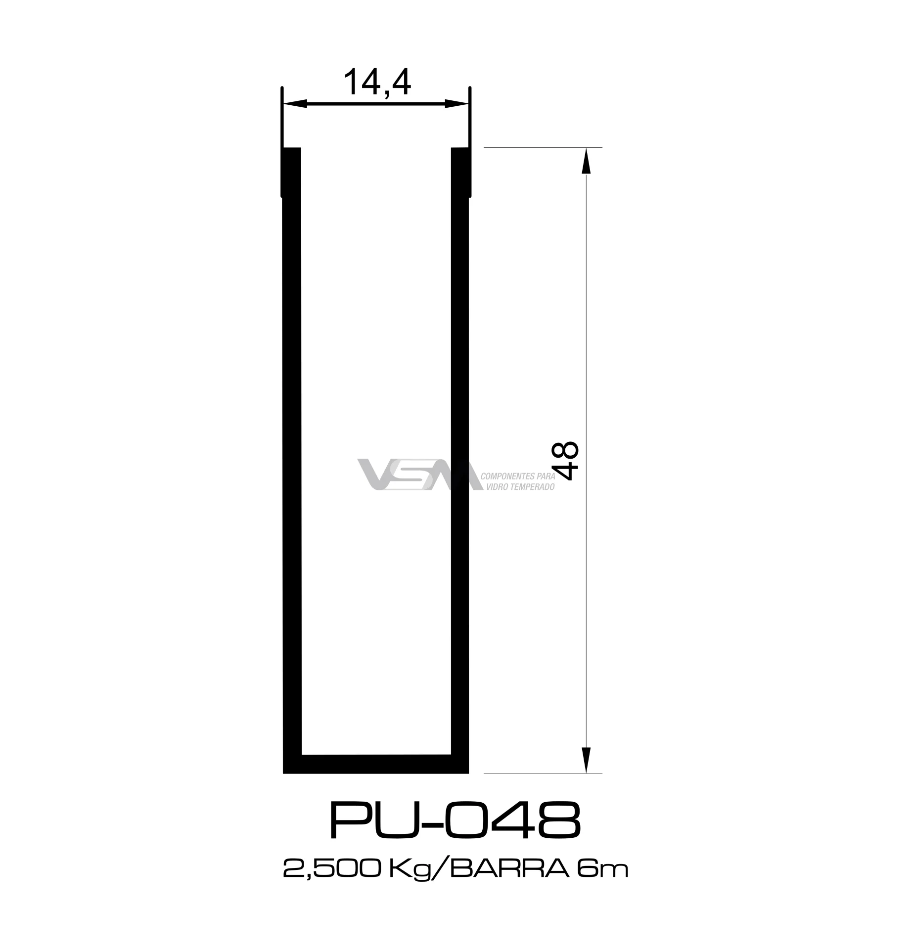 Perfil U de 48mm para fixação de vidro fixo